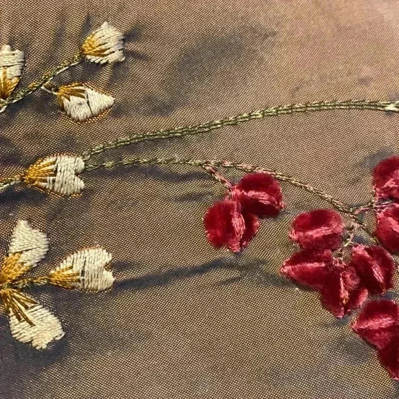 Embroidered Brown Small Handbag Purse Evening Bag Flowers Beaded Handles - Picture 6 of 6